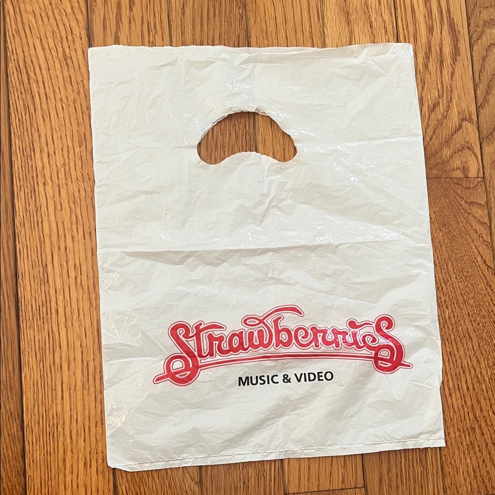 Strawberries Music & Video Store Shopping Bag Vintage 90s 00s Plastic Nostalgia